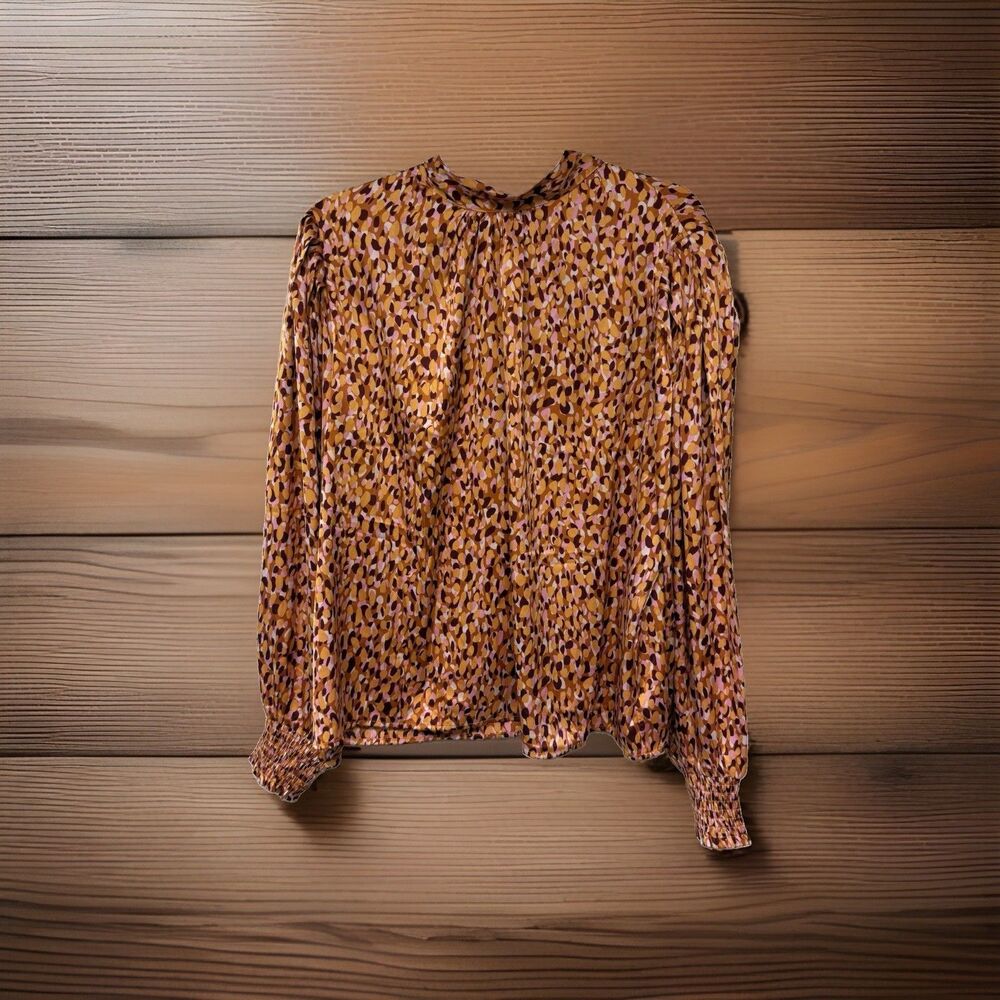 Pink Lily Blouse Chic Style Rust Pink Brown Print Mock Neck Romantic Autumn XL